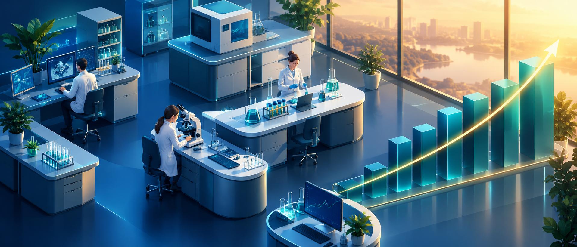 Clean laboratory scene blended with an upward stock chart