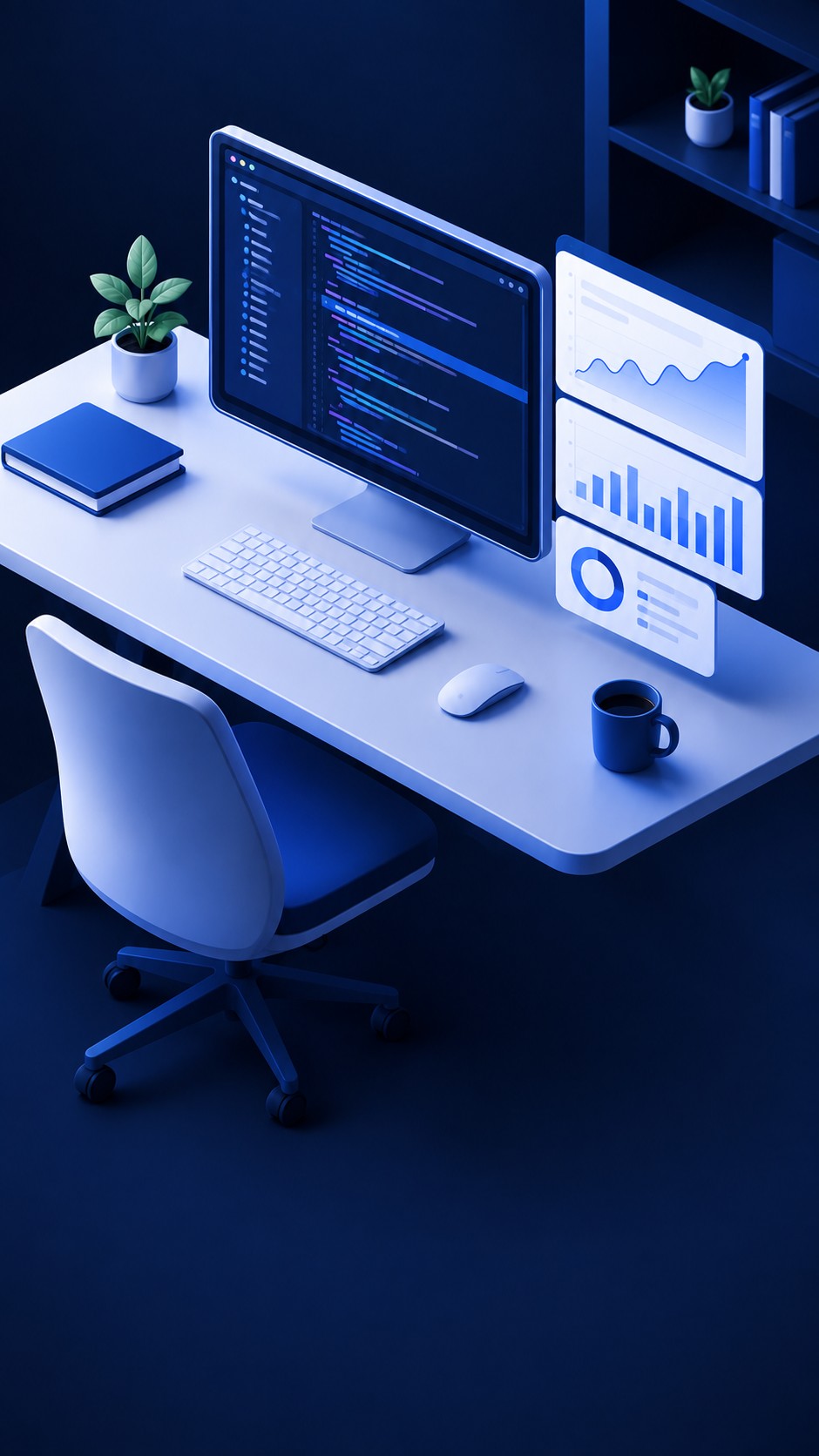 Code on a screen next to live charts in a developer workspace