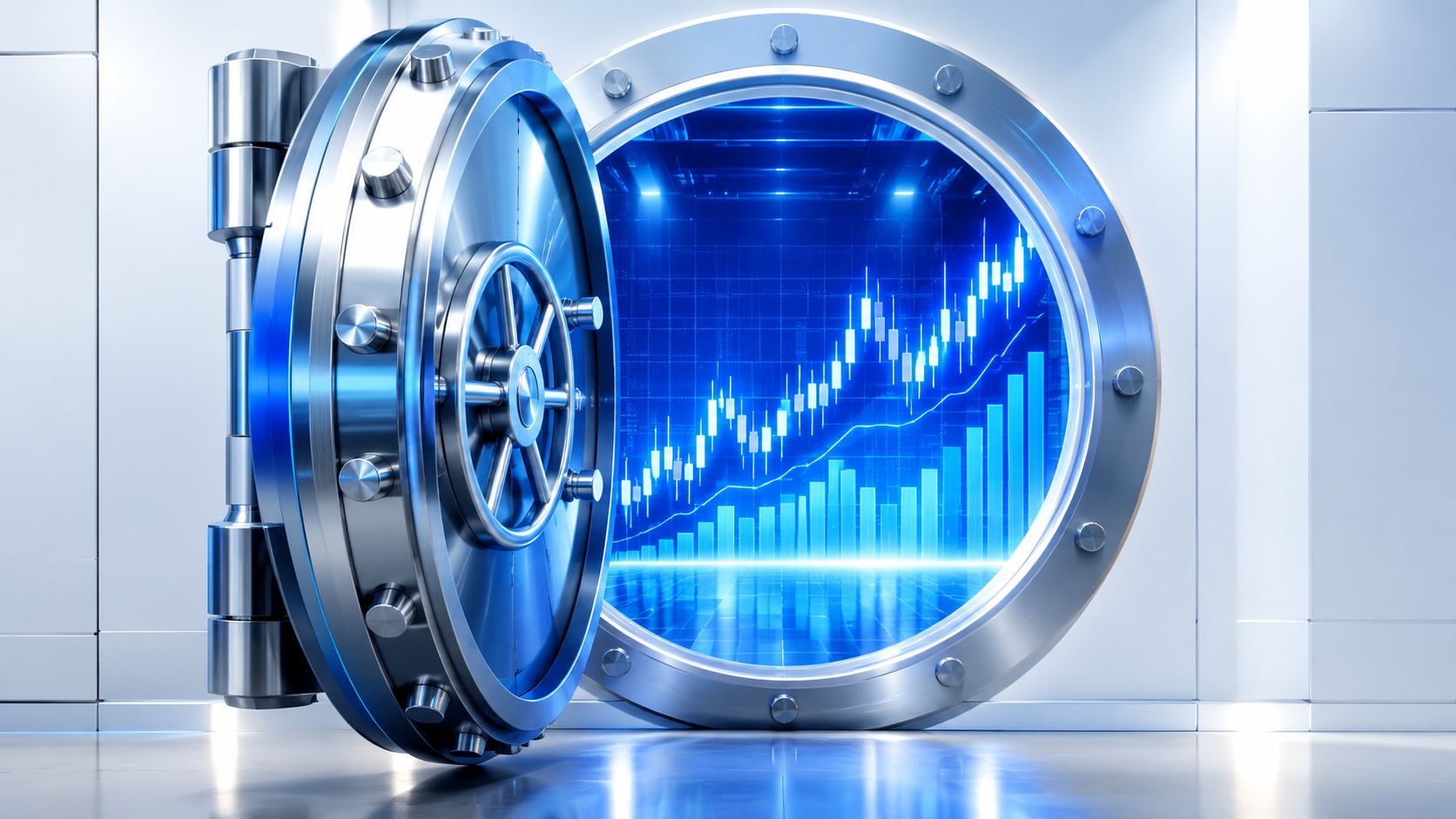 Bank vault door opening to reveal glowing stock charts