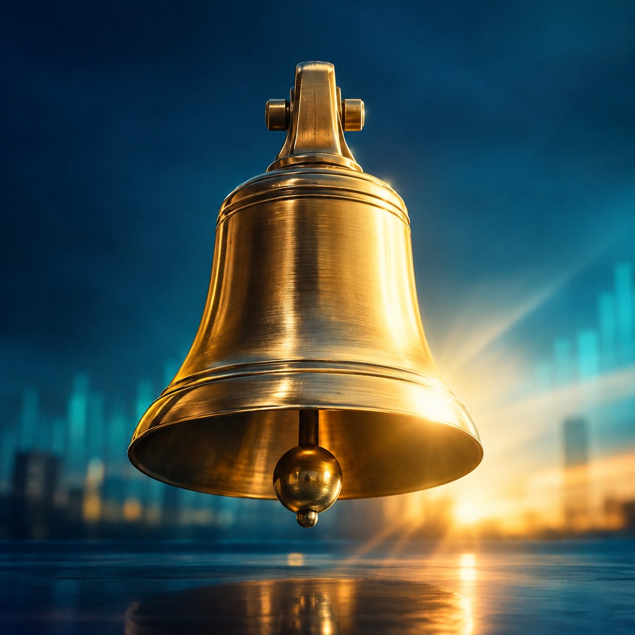 Golden bell with light rays at the moment of market open