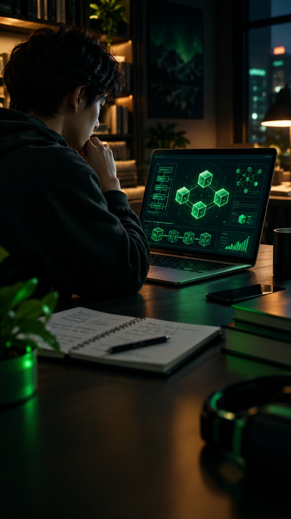 Student laptop showing blockchain diagrams in a cozy study