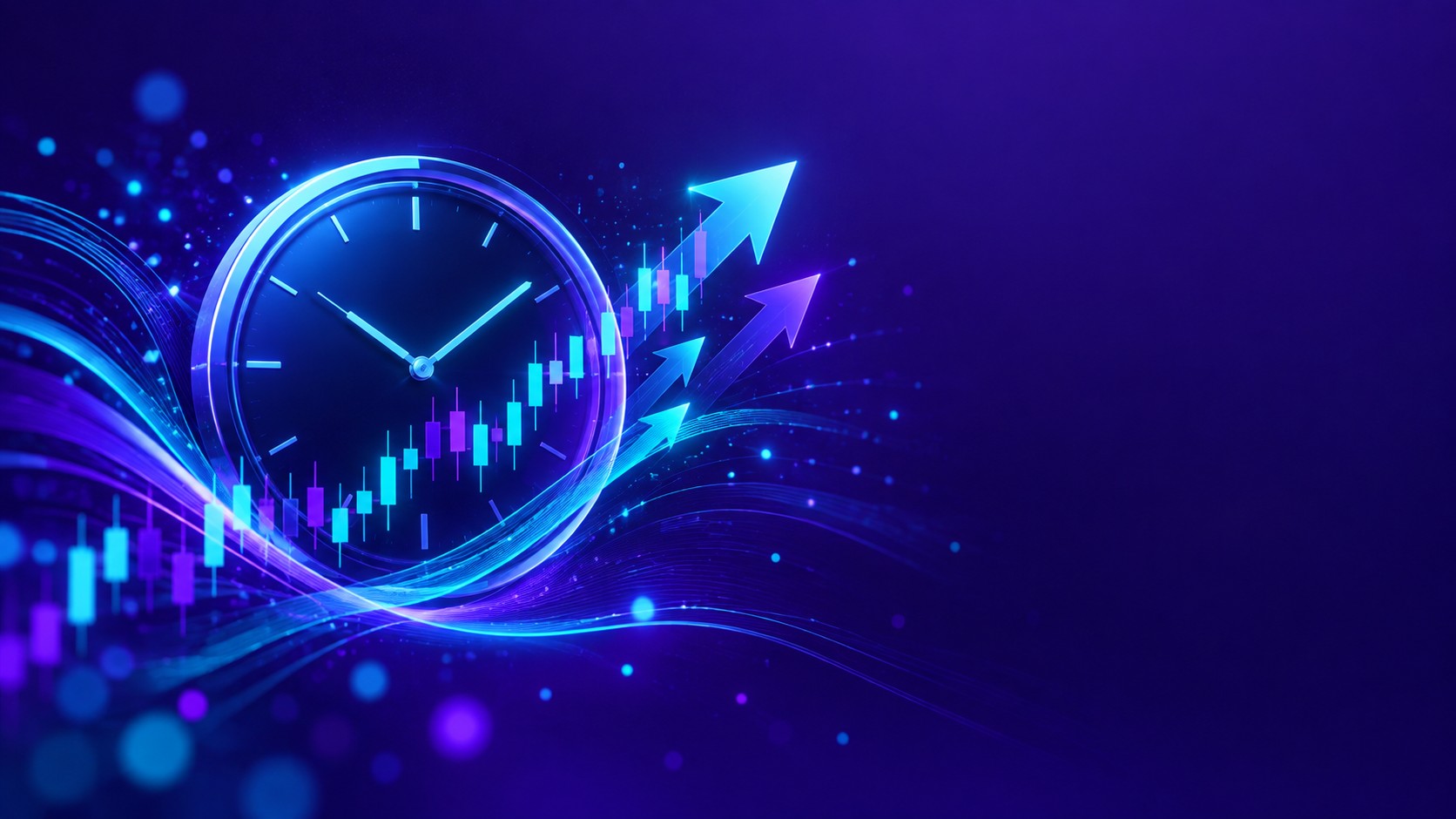 Clock merged with a crypto chart and forward arrows