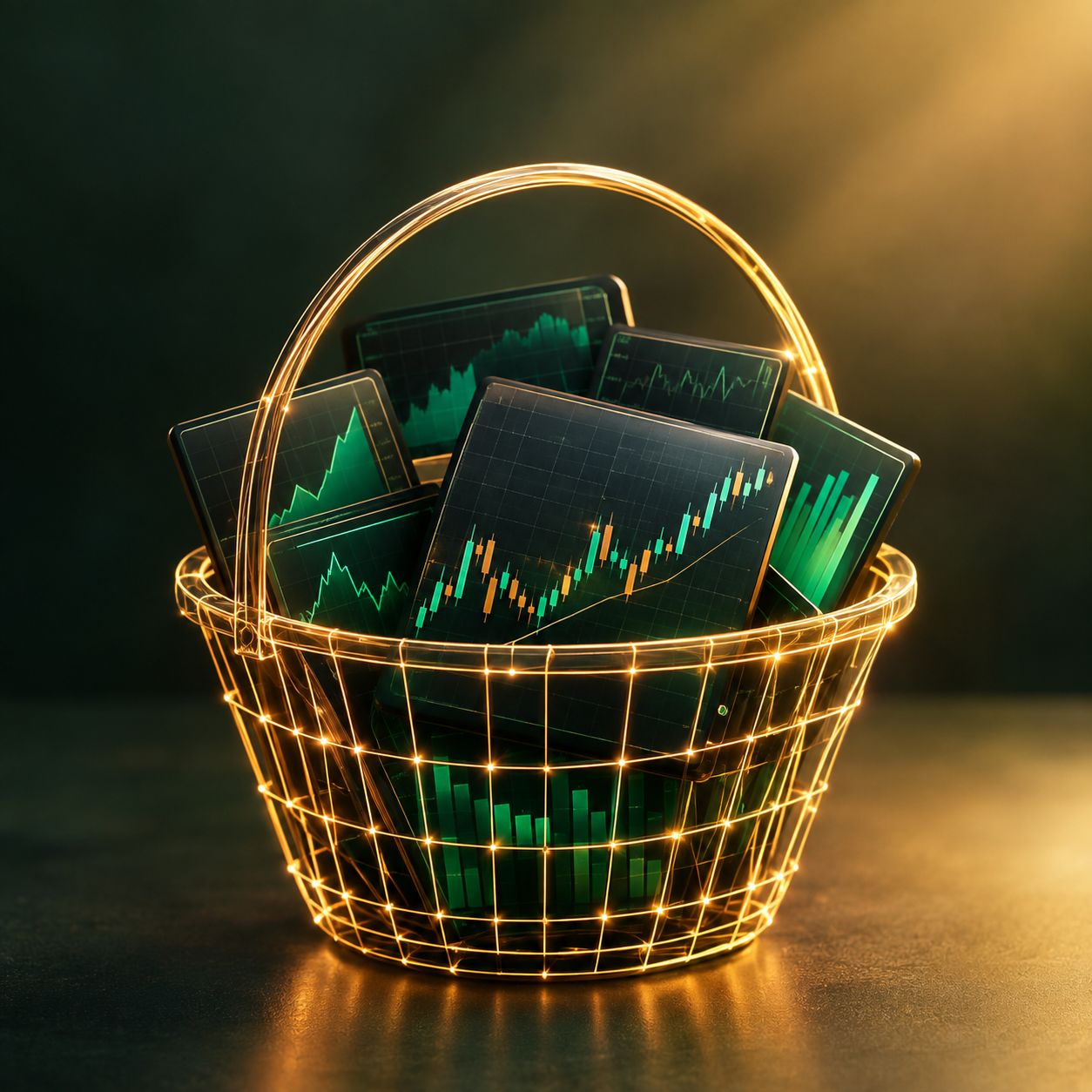 Basket made of glowing lines holding multiple mini stock charts